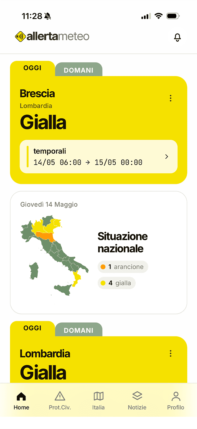 Schermata dell'app AllertaMeteo con le allerte di oggi