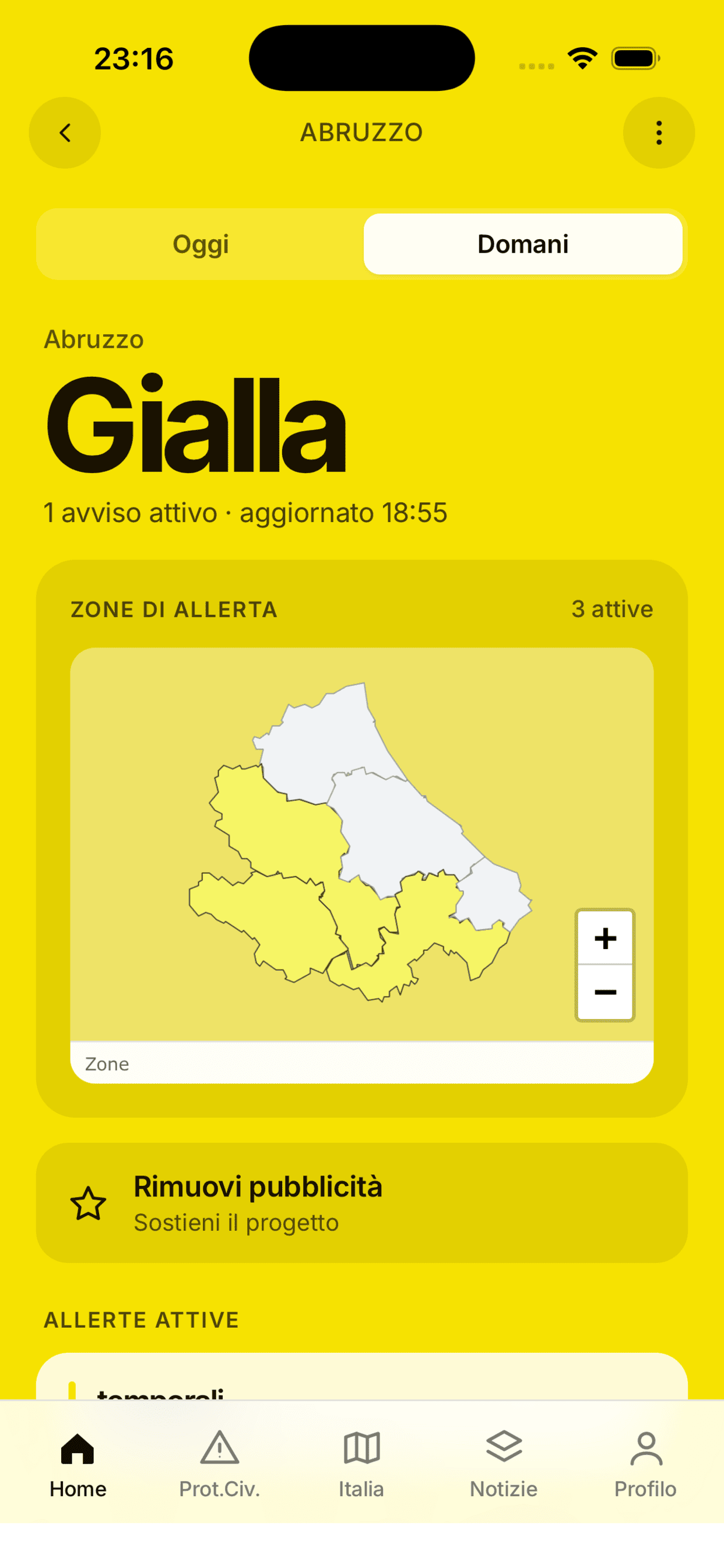 Schermata dell'app AllertaMeteo