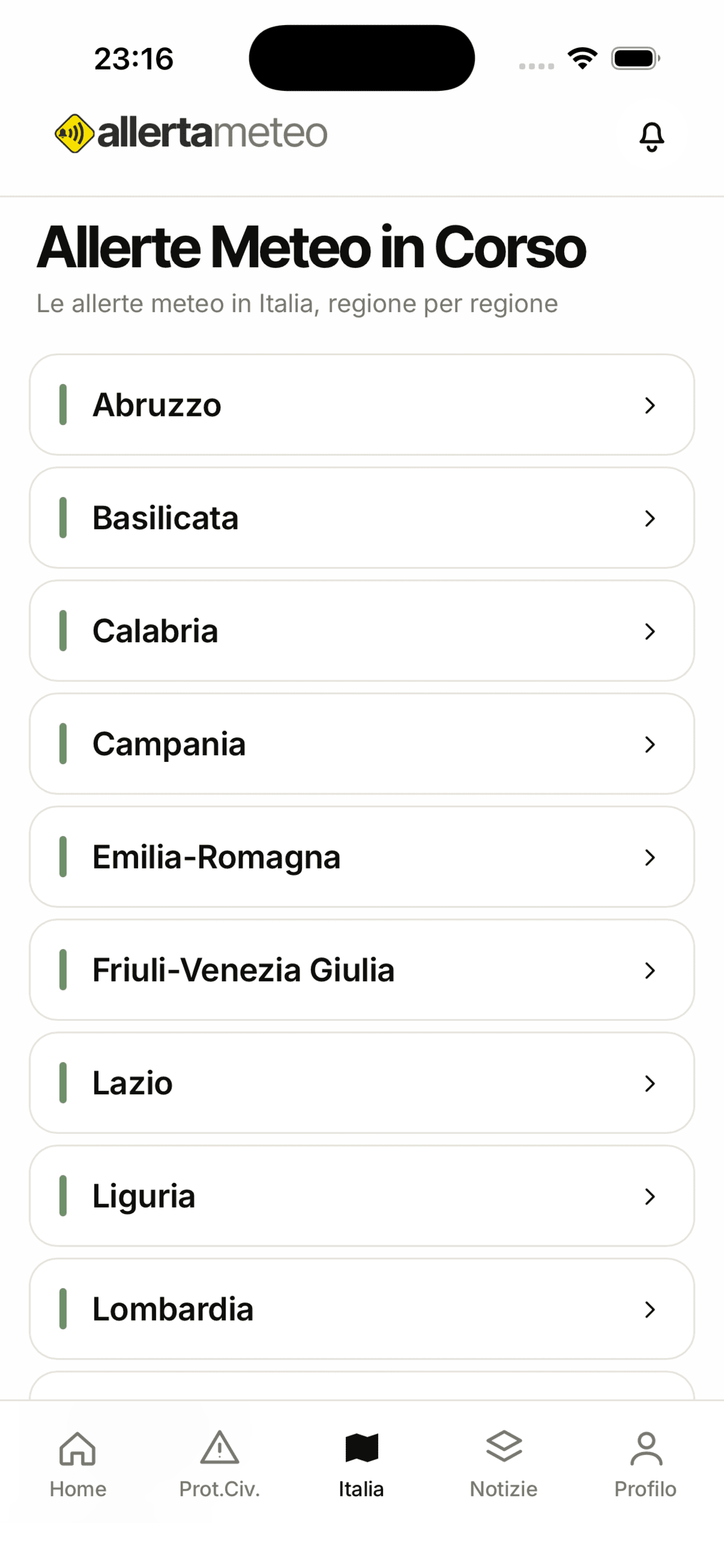 Schermata dell'app AllertaMeteo