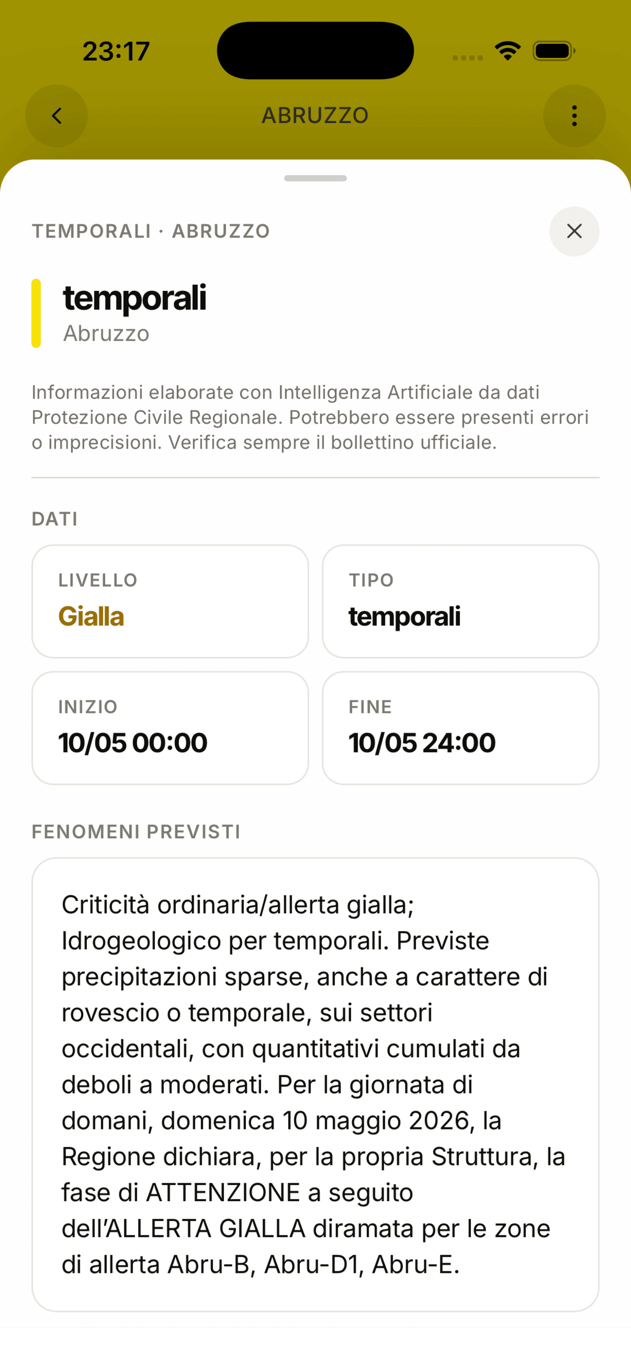 Schermata dell'app AllertaMeteo