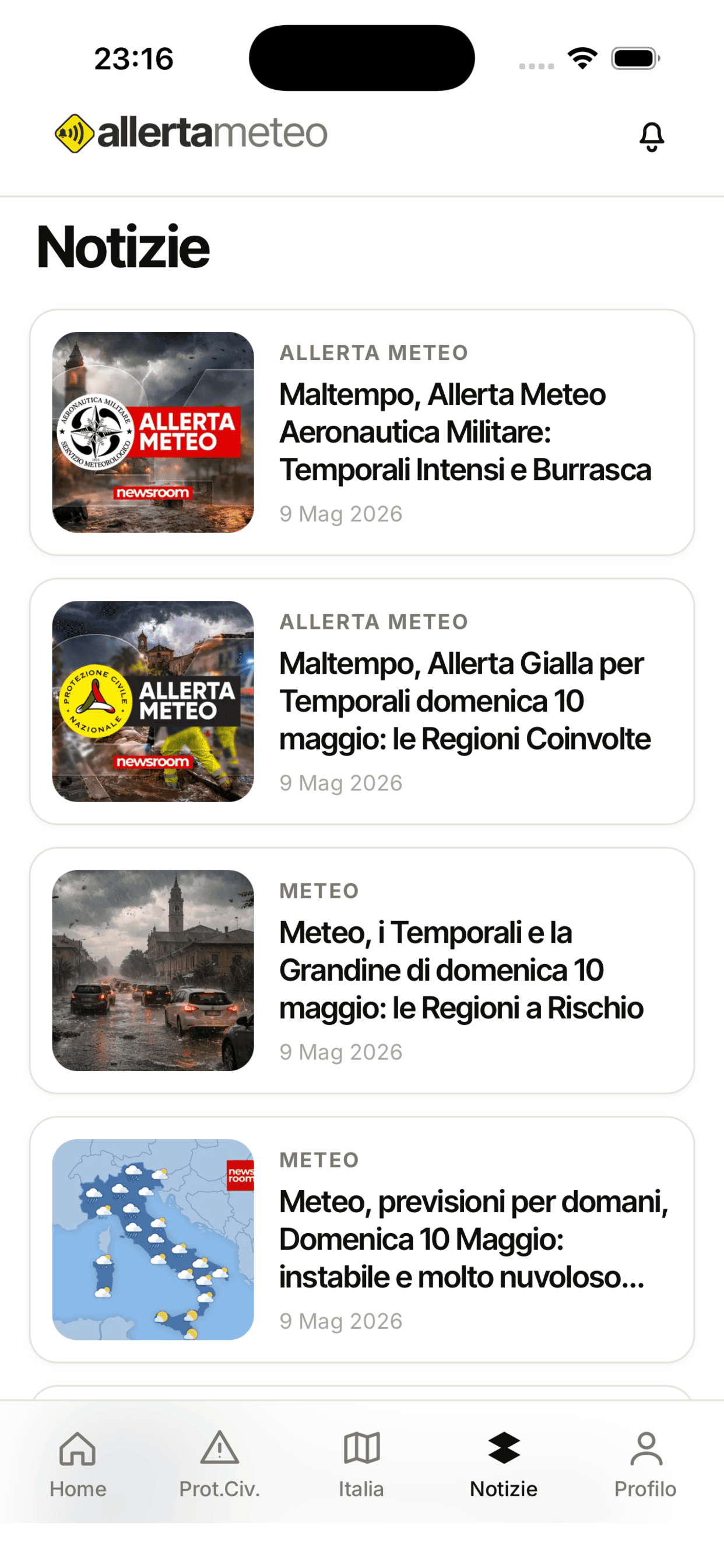 Schermata dell'app AllertaMeteo